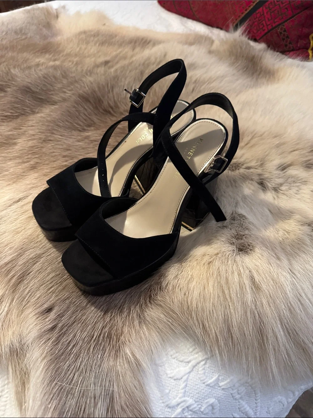 Kenneth Cole New York Black Suede Platform Block Heel Sandals with Slingback